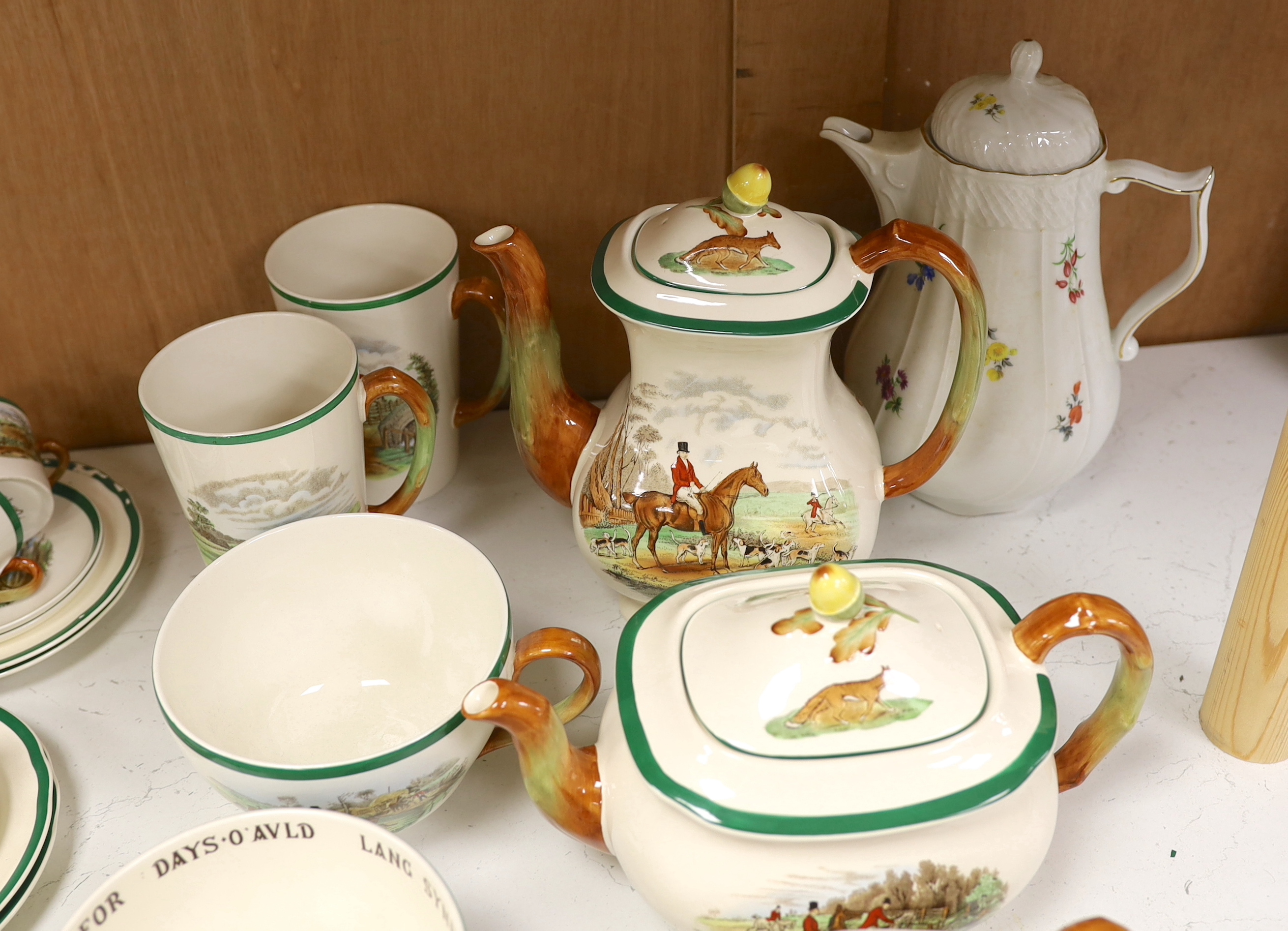 A Copeland Spode hunting pattern tea / coffee set including coffee pot, tea pot and trios, together with a Bavarian floral porcelain coffee pot, largest 22cm high